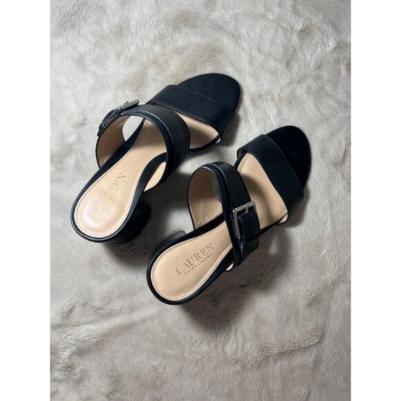 Lauren Ralph Lauren Black Leather Strappy Block Heel Sandals With Silver Buckle - Picture 2 of 12
